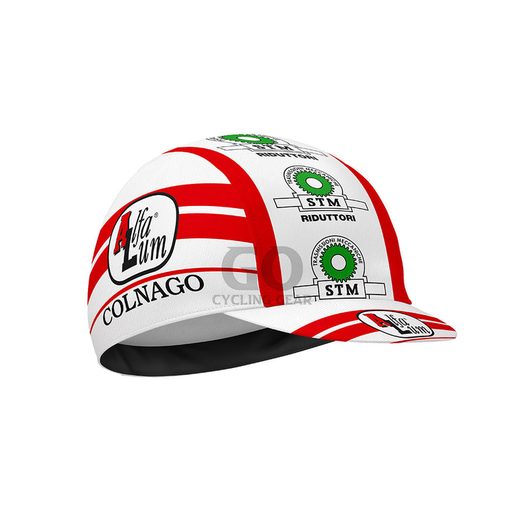 Alfa Lum Colnago STM Riduttori Retro Cycling Cap with brand logos on a white background