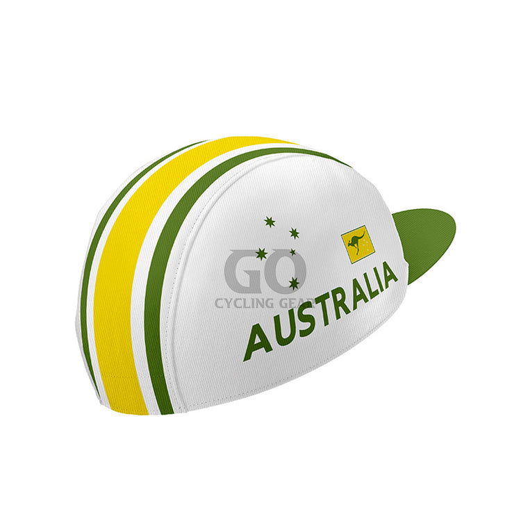 White cycling cap featuring prominent green and yellow vertical stripes, scattered white stars, a yellow kangaroo on a green rectangle, and "AUSTRALIA" text in green