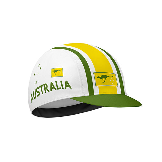 Australia cycling cap with green and gold stripes, stars, and a kangaroo graphic.