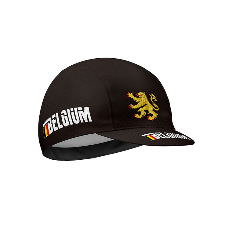 Black cycling cap with a yellow lion emblem, "BELGIUM" on the side, and a small flag on the brim.