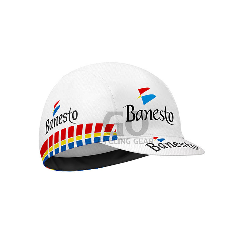 White cap with Banesto logo and colorful design on a white background