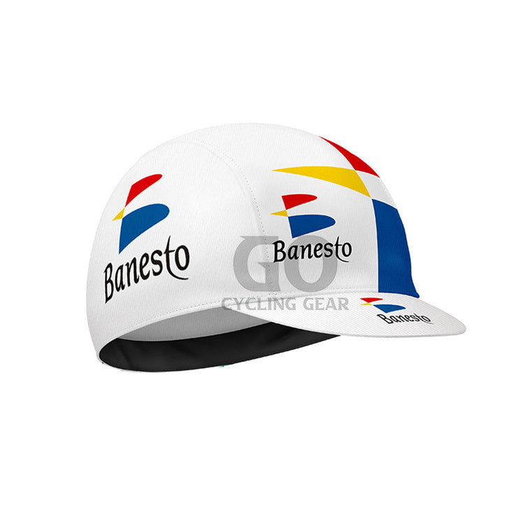 White cycling cap with Banesto logo on a white background