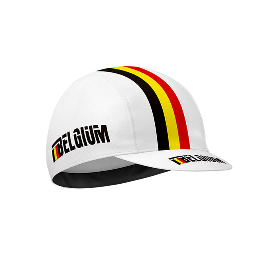 White cycling cap with "BELGIUM" on the side, a red, yellow, and black stripe, and a small flag on the brim.