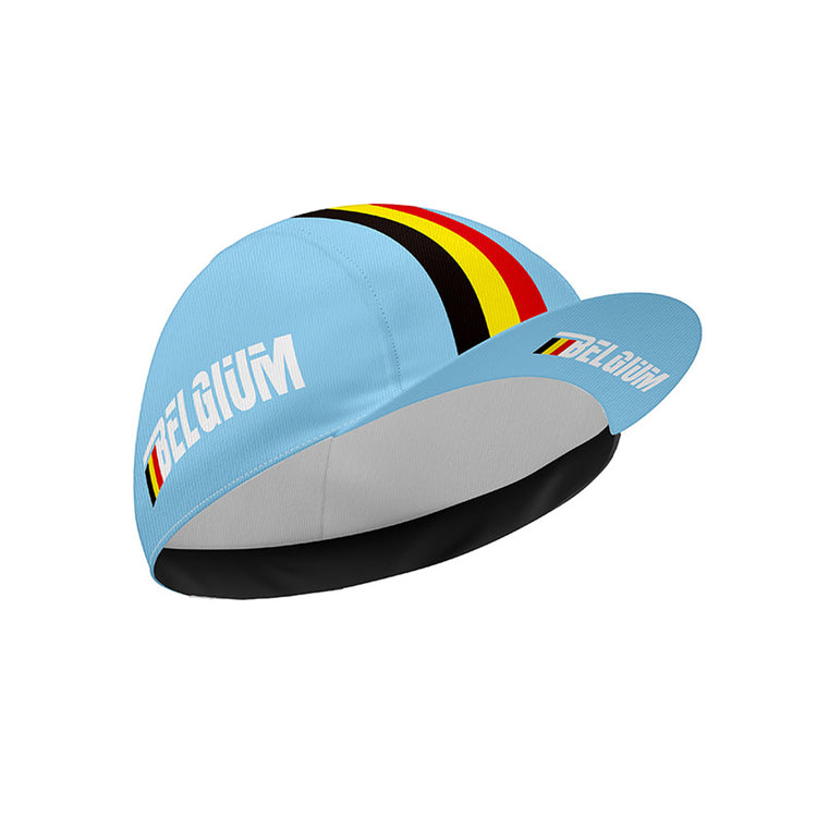 Front-bottom view of a light blue cycling cap with "BELGIUM" on the side, a red, yellow, and black stripe, and a small flag on the brim, showing the black underside.
