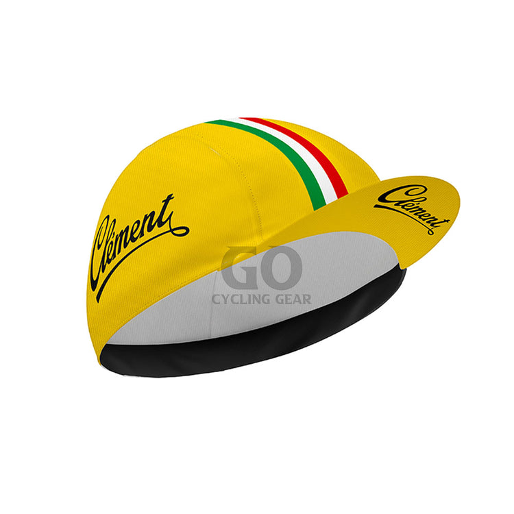 Clement Yellow cycling cap with red, green, and black stripes on a white background