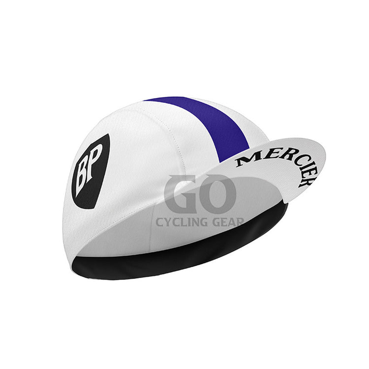 Cycling cap with BP and Mercier logos on a white background
