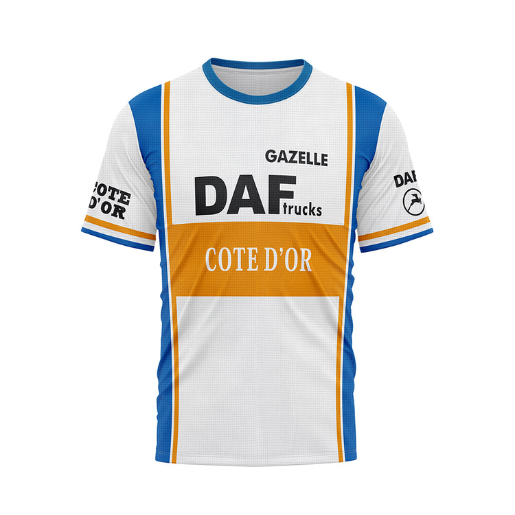 Front view of a white, blue, and orange T-shirt. The chest features prominent black 'DAF trucks' and 'COTE D'OR' logos on an orange stripe. 'GAZELLE' is above DAF. Blue panels run down the sides and on the sleeves, which also show 'COTE D'OR' text