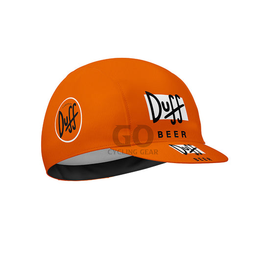 Orange cycling cap with 'Duff Beer' branding on a white background