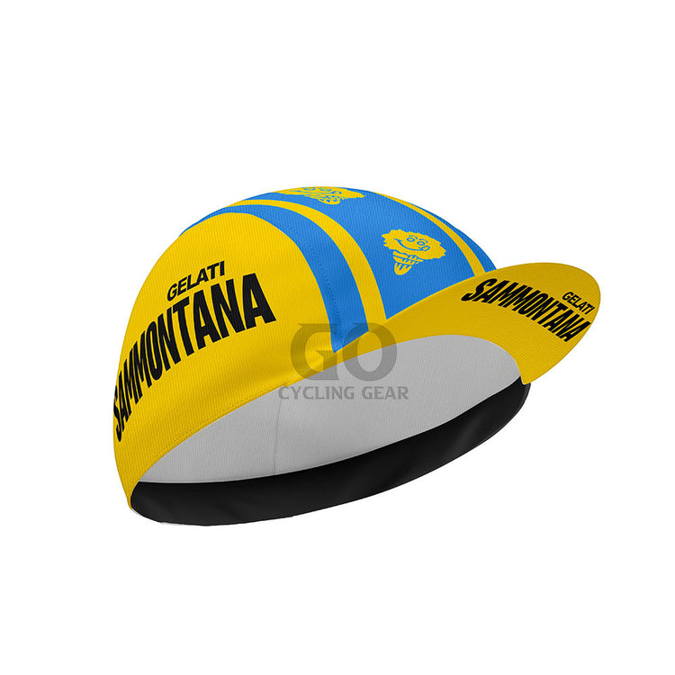 Yellow and blue cycling cap with Sammontana branding on a white background