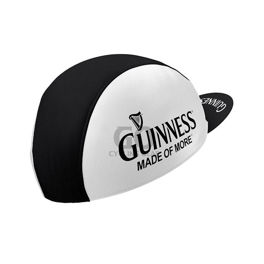 Black and white cycling cap featuring the Guinness logo with harp and "MADE OF MORE™" text on the side, and "GUINNESS" on the visor.