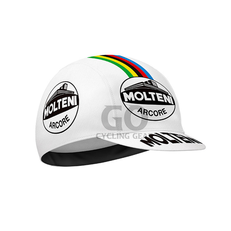 White cycling cap with Molteni Arcore branding and rainbow stripes on a white background