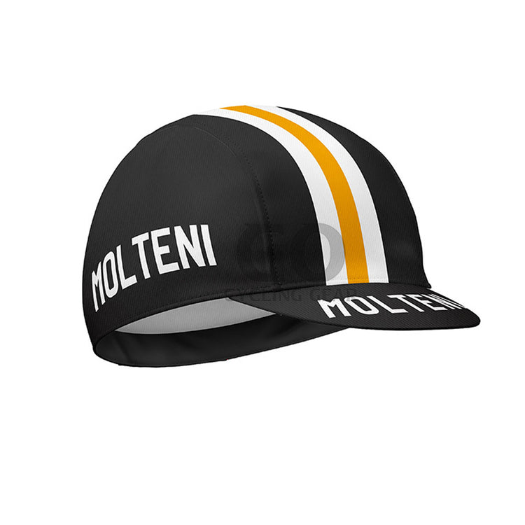 Black Retro cycling cap with 'Molteni' branding and colorful stripes