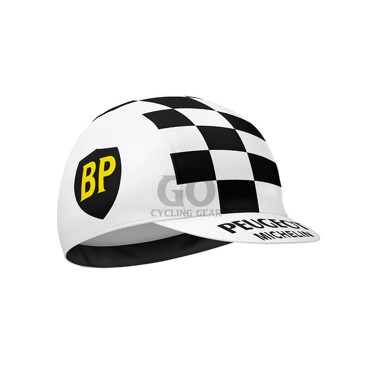 Checkered cycling cap with BP and Peugeot Michelin branding