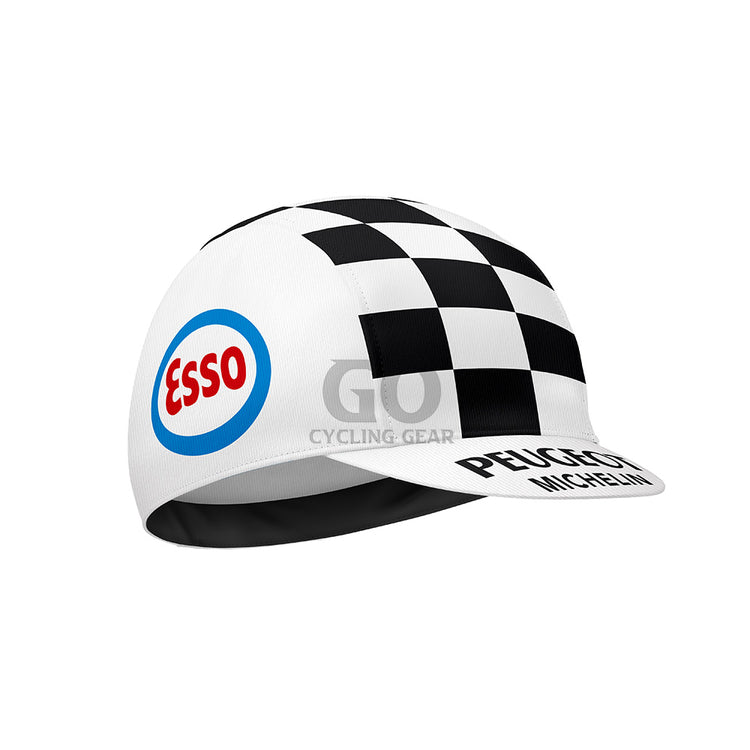 Checkered cycling cap with Esso and Peugeot logos on a white background