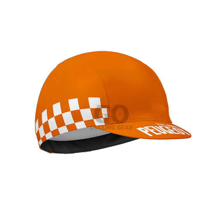 Orange cycling cap with checkered pattern and 'Peugeot' branding on a white background