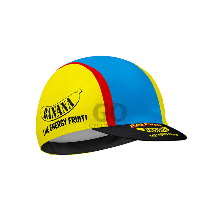 Colorful cycling cap with 'Banana the Energy Fruit' and 'Raleigh' branding on a white background