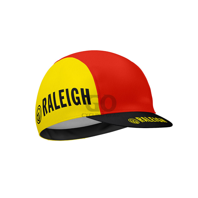 Colorful cycling cap with 'Raleigh' branding on a white background
