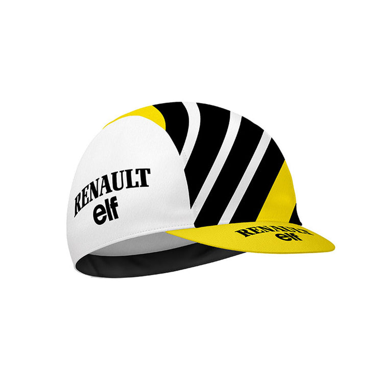 Retro Renault Elf cycling cap front view on white background. Classic White cap with yellow Renault diamond logo and Black Renault Elf text. Vintage 1980s team cycling cap reproduction.