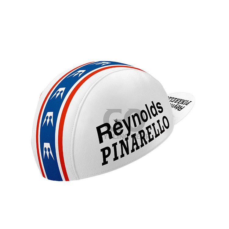 White cycling cap with blue and red stripes and 'Reynolds Pinarello' branding on a white background