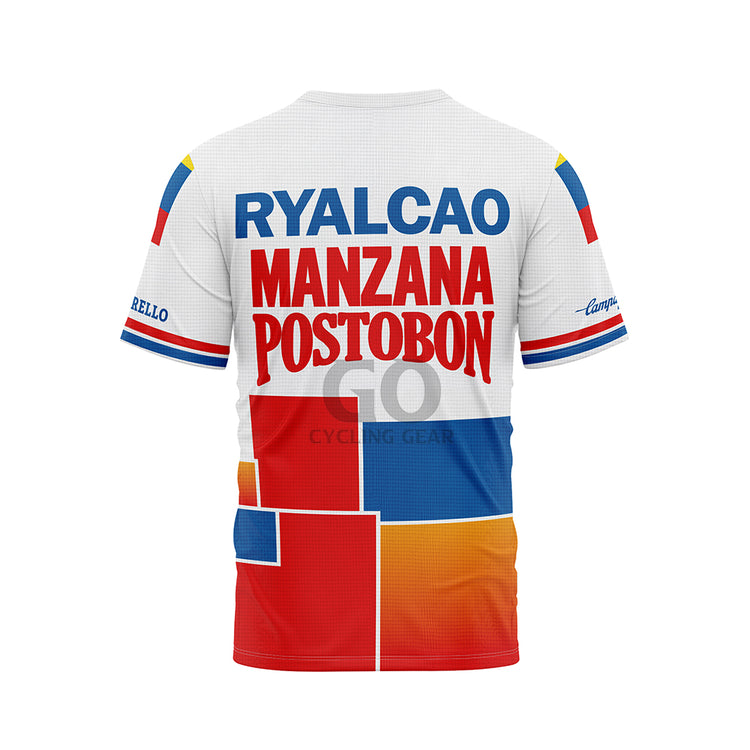 Front view of a white, red, blue, and orange t-shirt with "RYALCAO MANZANA POSTOBON" in blue and red text