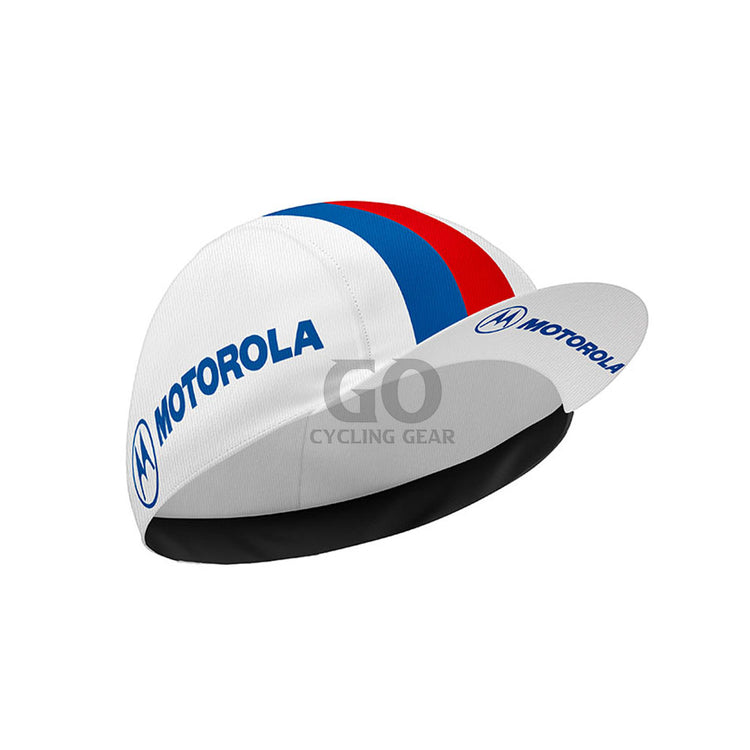 White Motorola Retro Cycling Cap with striped top and short cycling visor