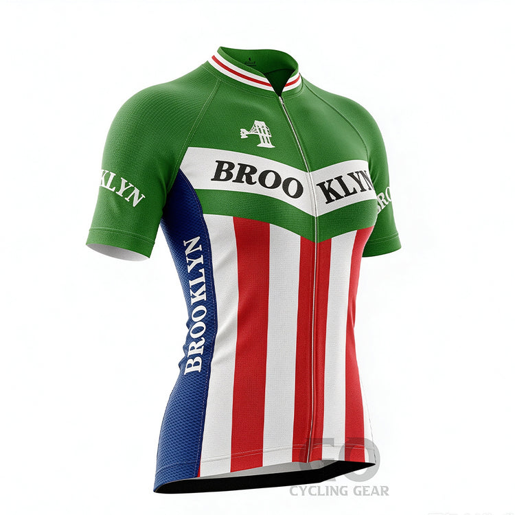 Women's Brooklyn cycling jersey in green, relaxed fit with bold lettering for casual urban cycling.