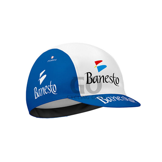 Blue and white cap with Banesto branding on a white background