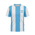 Front view of a T-shirt with vertical light blue and white stripes. A small Argentine flag emblem is on the left chest area. The T-shirt has a white collar