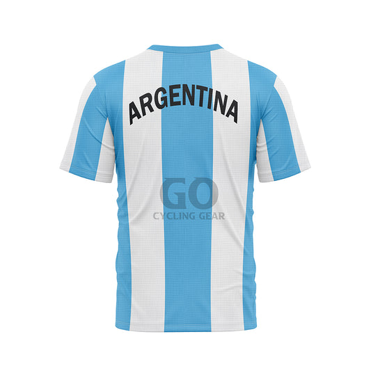 Back view of a T-shirt with vertical light blue and white stripes. 'ARGENTINA' is written in prominent black capital letters across the upper back. The T-shirt has a light blue ribbed collar