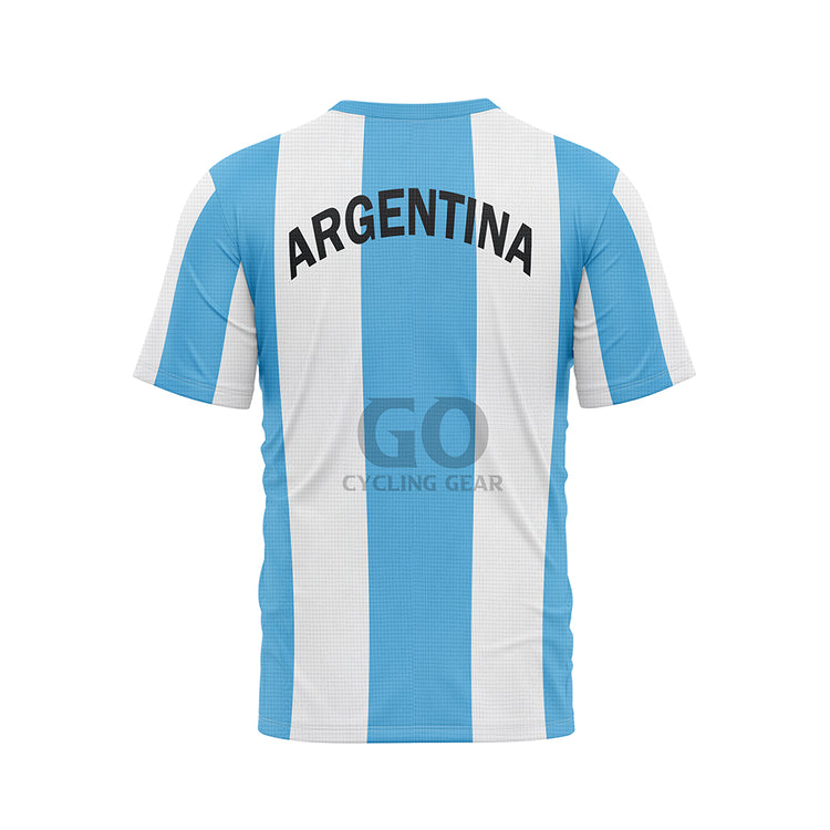 Back view of a T-shirt with vertical light blue and white stripes. 'ARGENTINA' is written in prominent black capital letters across the upper back. The T-shirt has a light blue ribbed collar