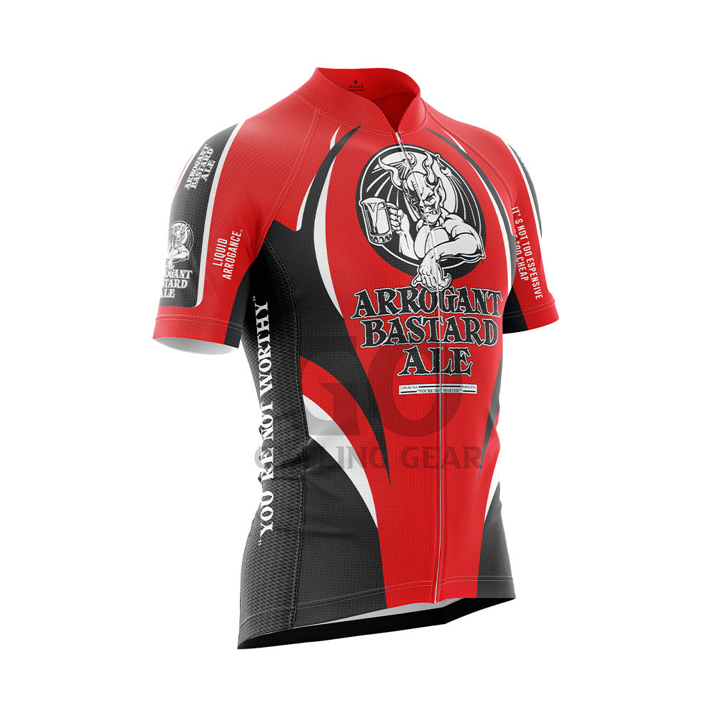 Red and black cycling jersey with 'Arrogant Bastard Ale' branding on a white background