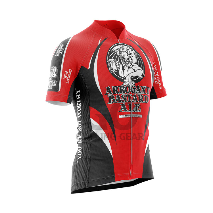 Red and black cycling jersey with 'Arrogant Bastard Ale' branding on a white background