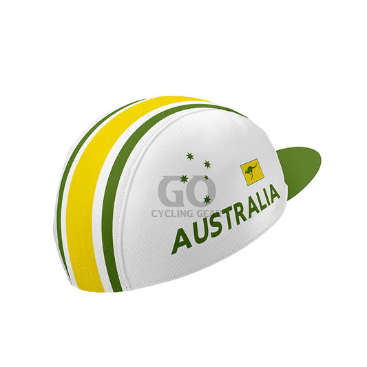 White cycling cap featuring prominent green and yellow vertical stripes, scattered white stars, a yellow kangaroo on a green rectangle, and "AUSTRALIA" text in green