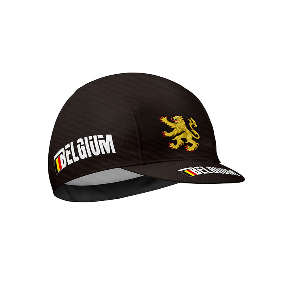 Black cycling cap with a yellow lion emblem, "BELGIUM" on the side, and a small flag on the brim.