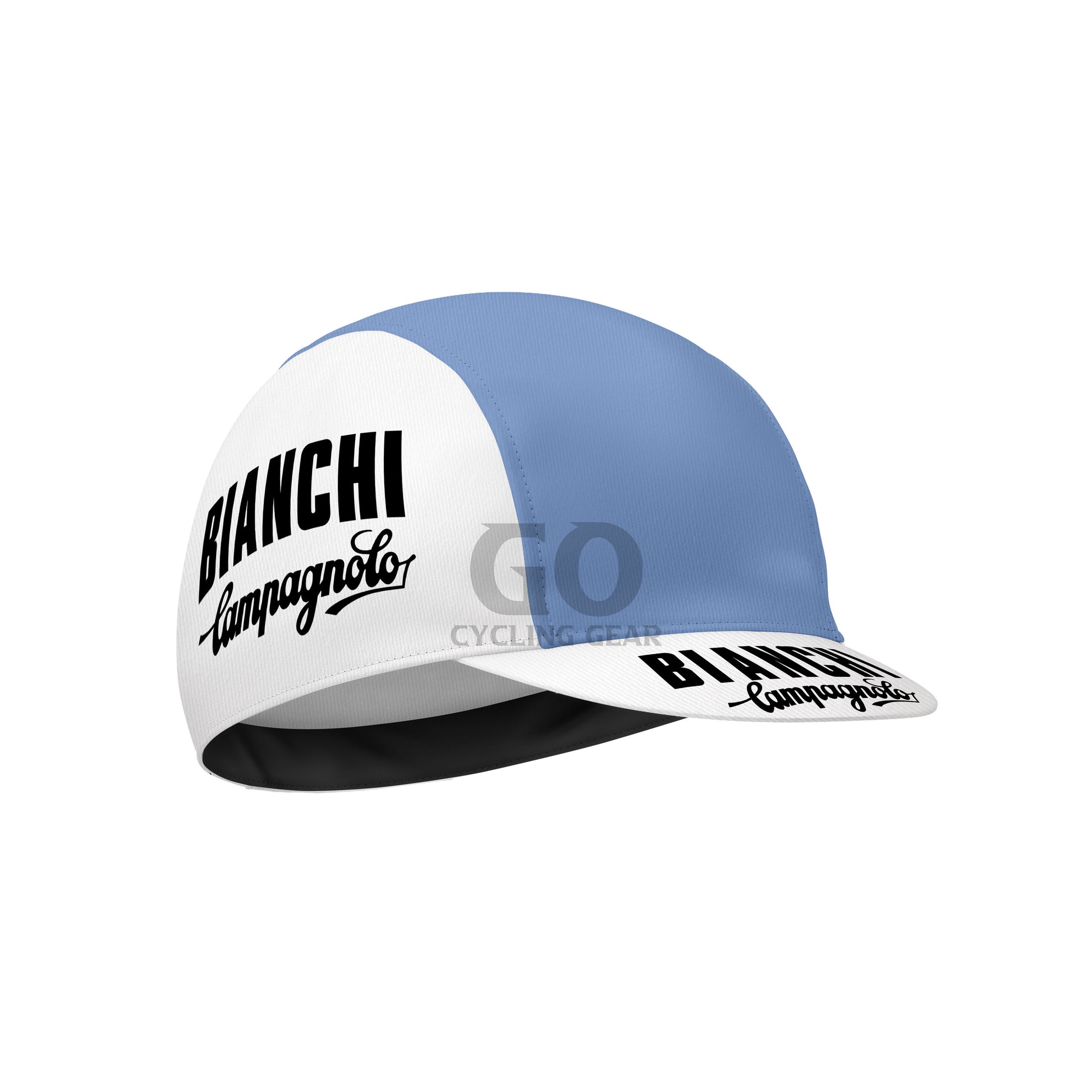 Cycling cap with Bianchi Campagnolo branding on a white background 1973 Retro Cycling Cap
