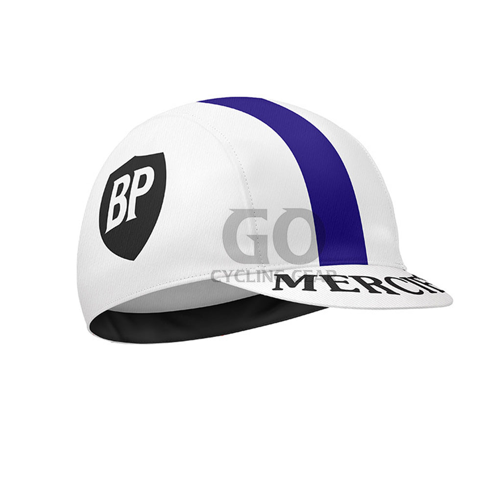 White cycling cap with blue stripe and BP Mercier logo on a white background