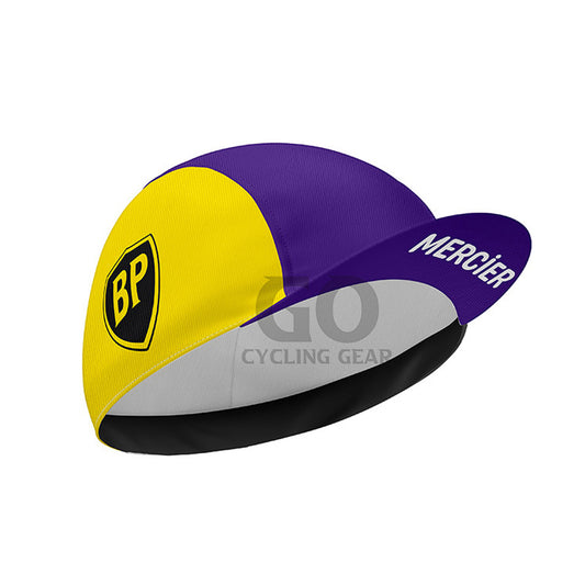 Cycling cap with yellow and purple sections, featuring a BP logo and 'Mercier' text.
