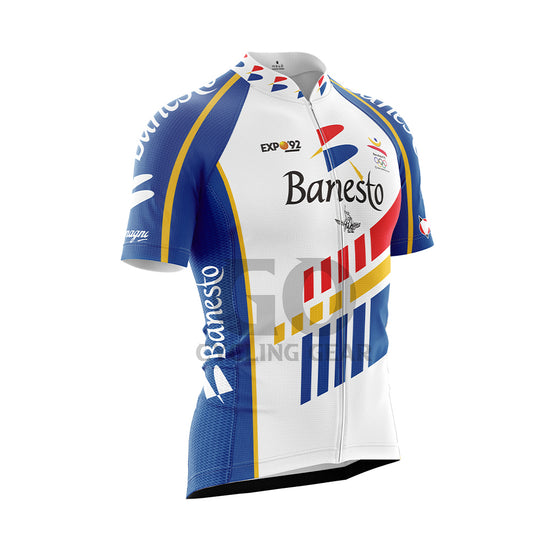 Maillot de cyclisme rétro Banesto – Blanc/Rouge/Bleu Maillot de cyclisme rétro Banesto – Blanc/Rouge/Bleu