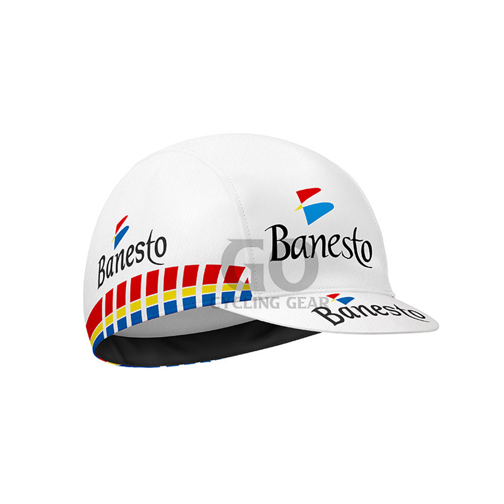 White cap with Banesto logo and colorful design on a white background