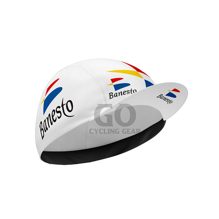 White cycling cap with Banesto logo on a white background