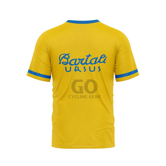 Back view of a yellow t-shirt with "Bartali Ursus" in blue  featuring blue trim on the collar and sleeves.