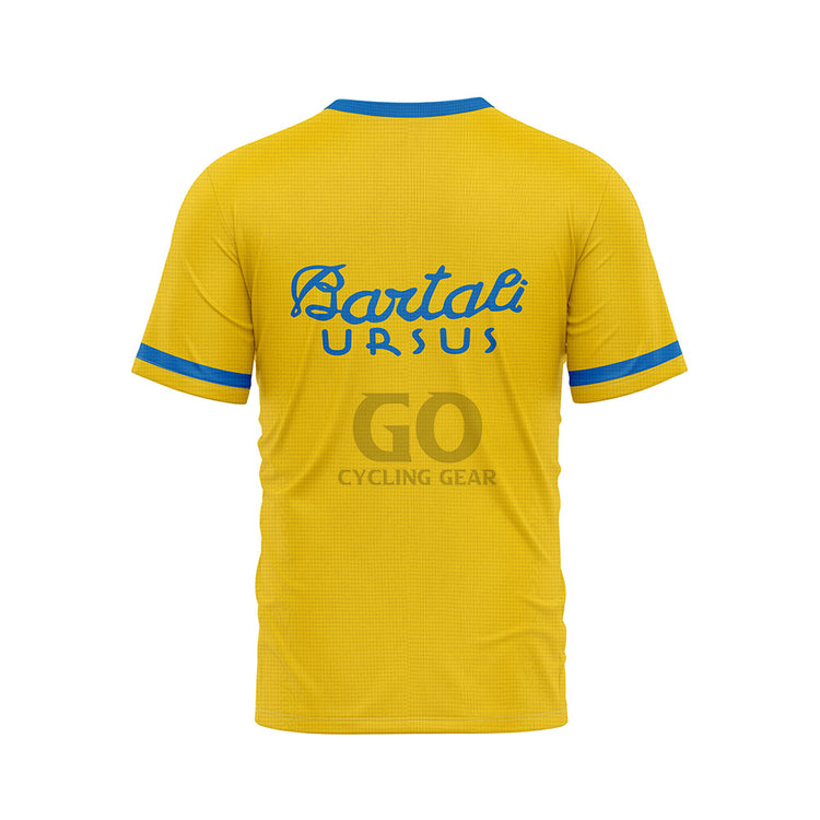 Back view of a yellow t-shirt with "Bartali Ursus" in blue  featuring blue trim on the collar and sleeves.