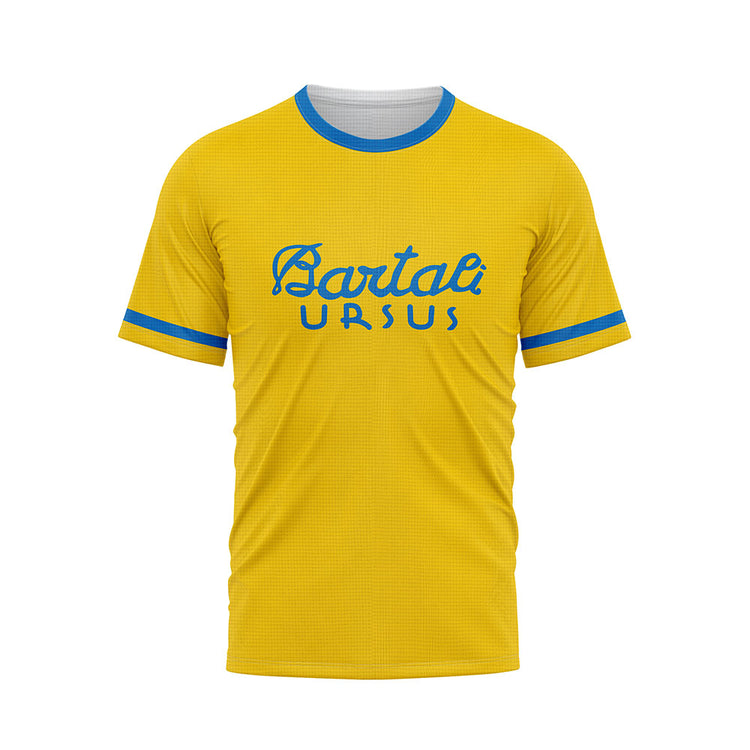 Front view of a yellow t-shirt with "Bartali Ursus" in blue text, featuring blue trim on the collar and sleeves.