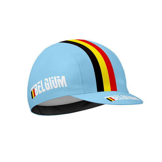 Light blue cycling cap with "BELGIUM" on the side, a red, yellow, and black stripe, and a small flag on the brim.
