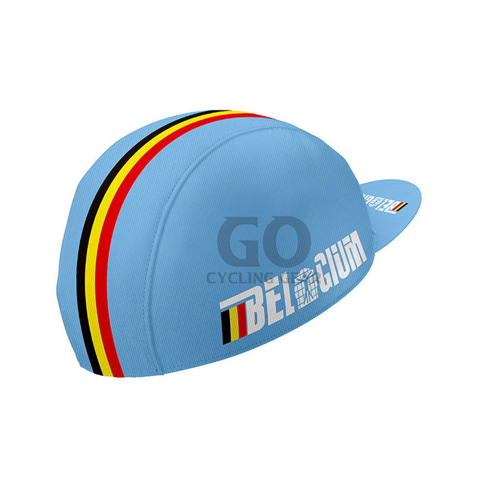 Blue cycling cap with Belgian flag design and 'BELGIUM' text on a white background