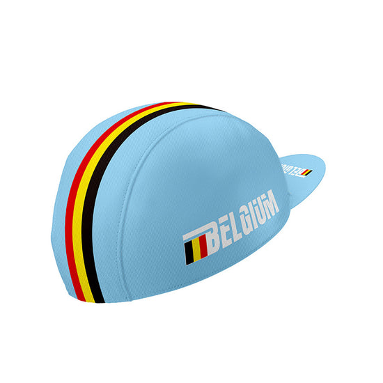 ngled view of a light blue cycling cap with "BELGIUM" on the side, a red, yellow, and black stripe, and a small flag on the brim.