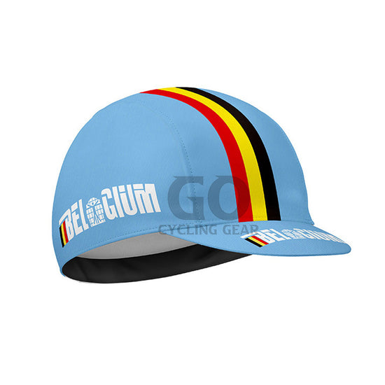Blue cycling cap with Belgian flag design on a white background