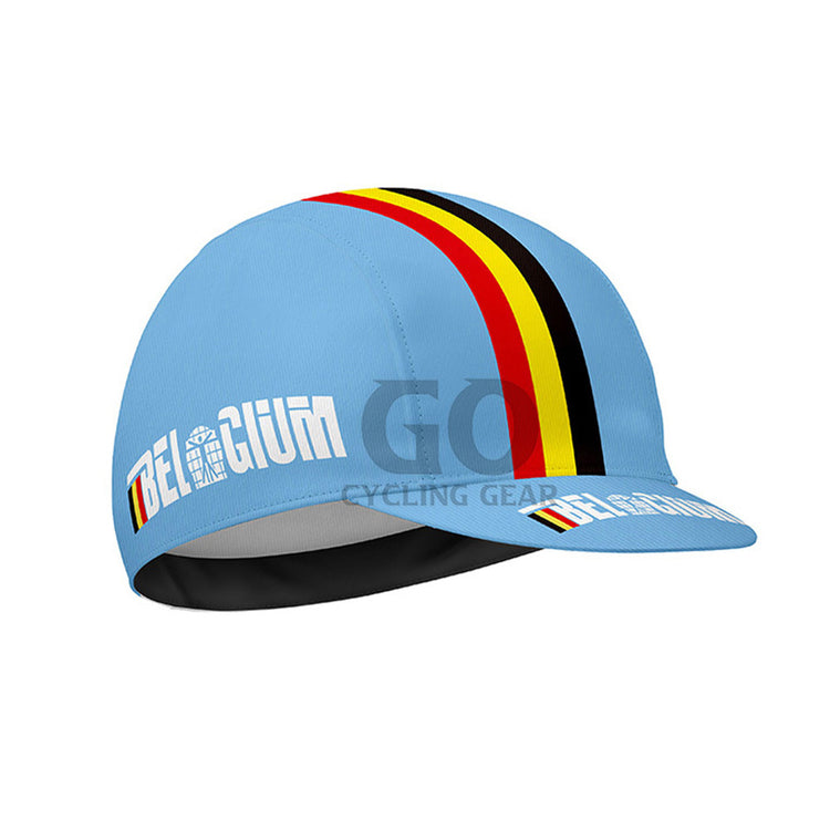 Blue cycling cap with Belgian flag design on a white background