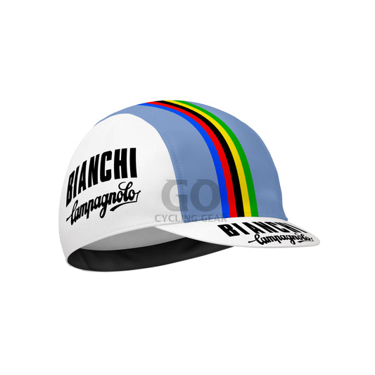 Cycling cap with Bianchi Campagnolo logo and rainbow stripes on a white background