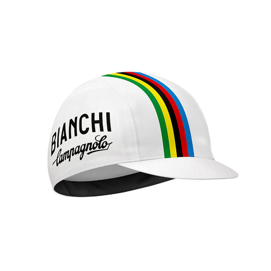 Bianchi Campagnolo retro cycling cap with rainbow world champion stripes on white cap